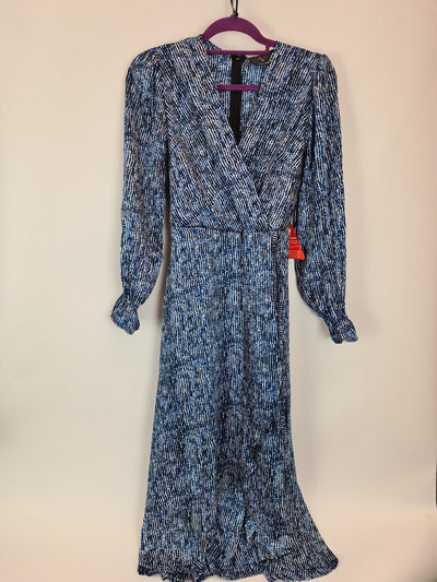 AX Paris Blue Printed Long Sleeve Wrap Midi Dress Size UK 8 **** V28
