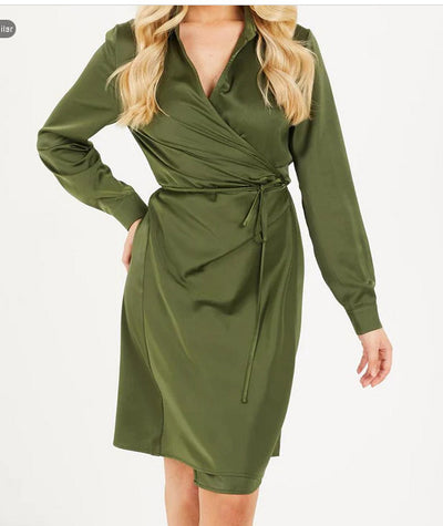 Quiz Khaki Satin Wrap Ruched Front Tie Detail Dress Size 12 ** SW22