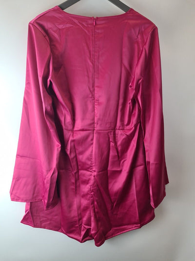 Missguided Satin Tie Front Flare Sleeves Hot Pink Playsuit Size 14 **** V469