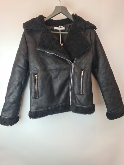 Michelle Keegan Longline Faux Shearling Black Biker Jacket Size UK 10 **** V75