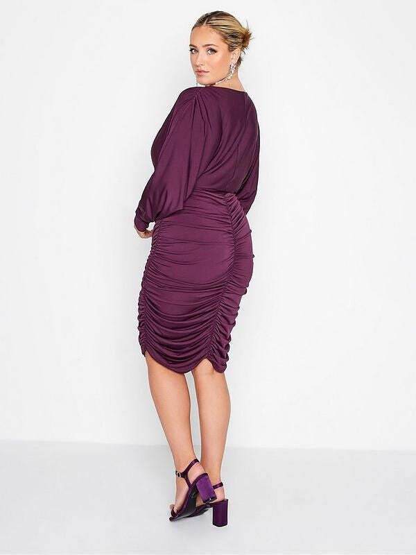 Yours Cape Sleeve Ruched Purple BodyCon Dress Size 14 *** V372