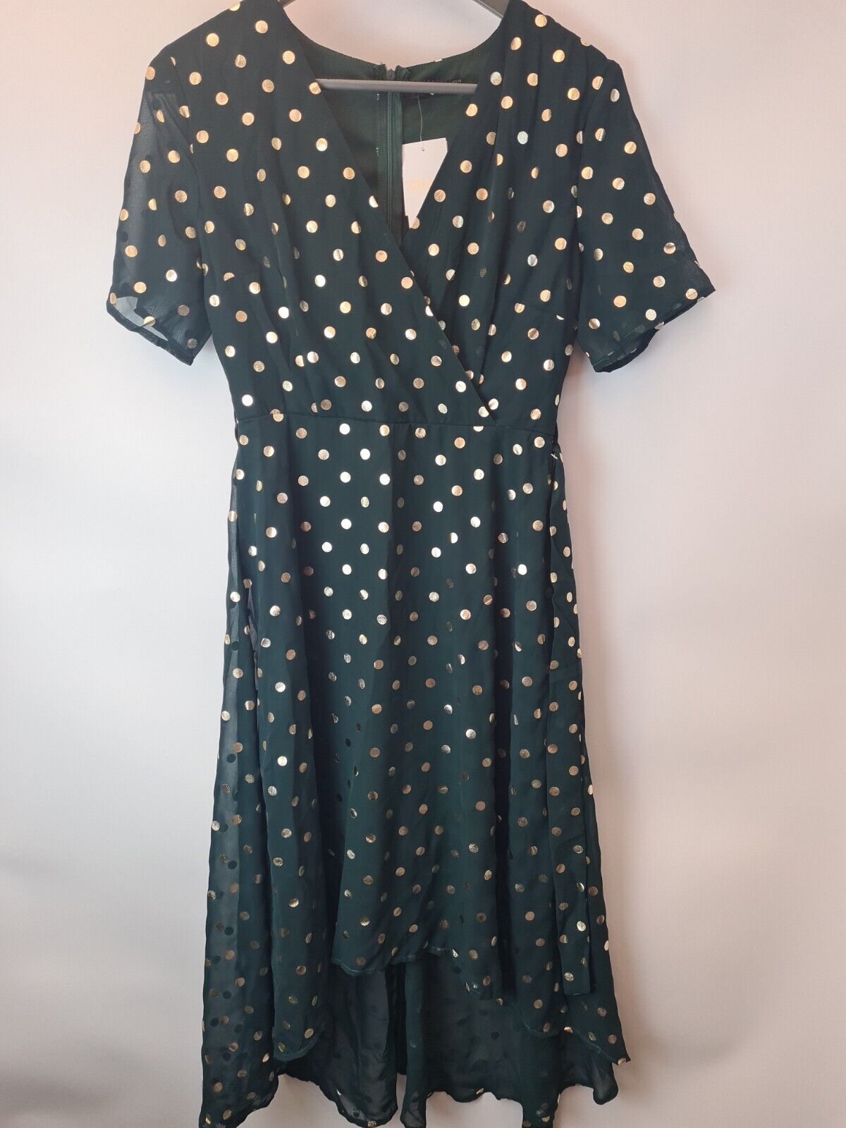 Quiz Dark Greem Metallic Spot Mini Wrap Skater Dress Size UK 8 **** V388