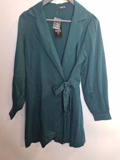 Quiz Woven Half Pleat Tie Front Puff Sleeve Green Blazer Dress Size 16 **** V265