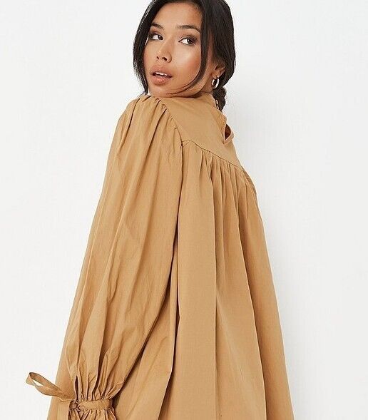 Missguided Poplin Balloon Sleeve Ruched Smock Dress. Brown. UK 10. ****V140