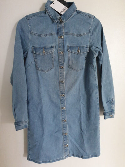 Pieces Button Front Mini Shirt Dress Blue Size XS.