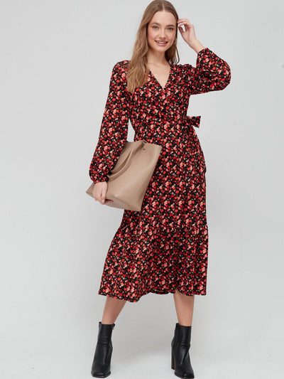 Red Floral Tie Side Midi Dress Size 8 **** V404