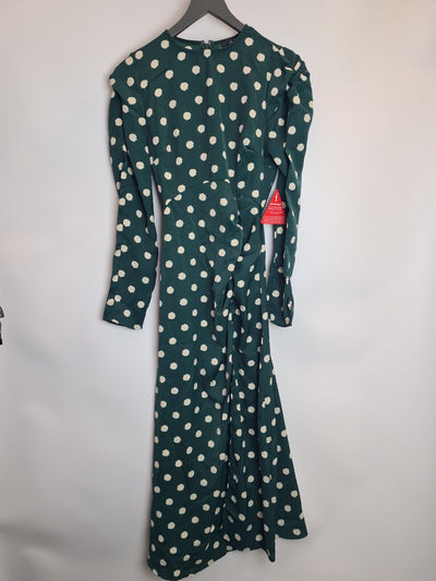 Ax Paris Green Spot Ruched Detail Midi Dress Size 6 **** V54