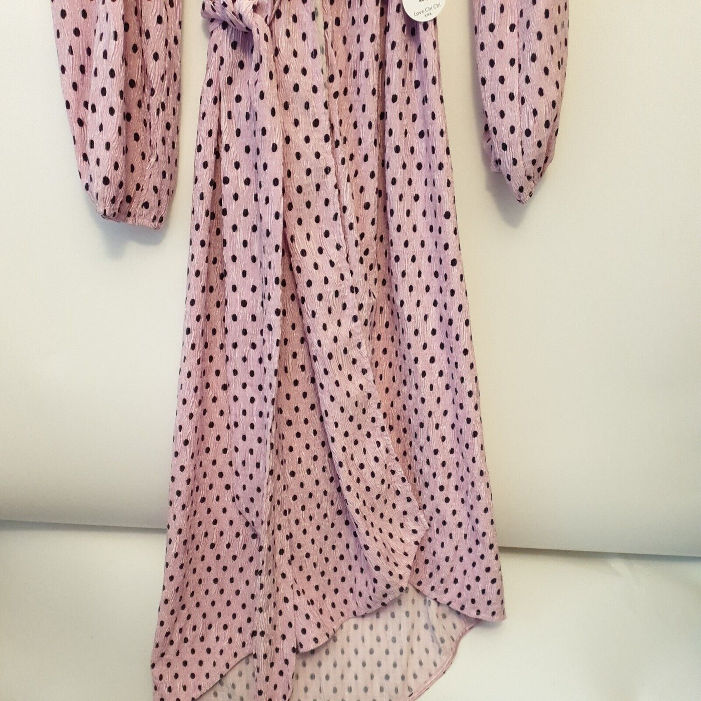 Chi Chi London Long Sleeve Polka-dot Midi Wrap Dress Pink Uk8****Ref V40