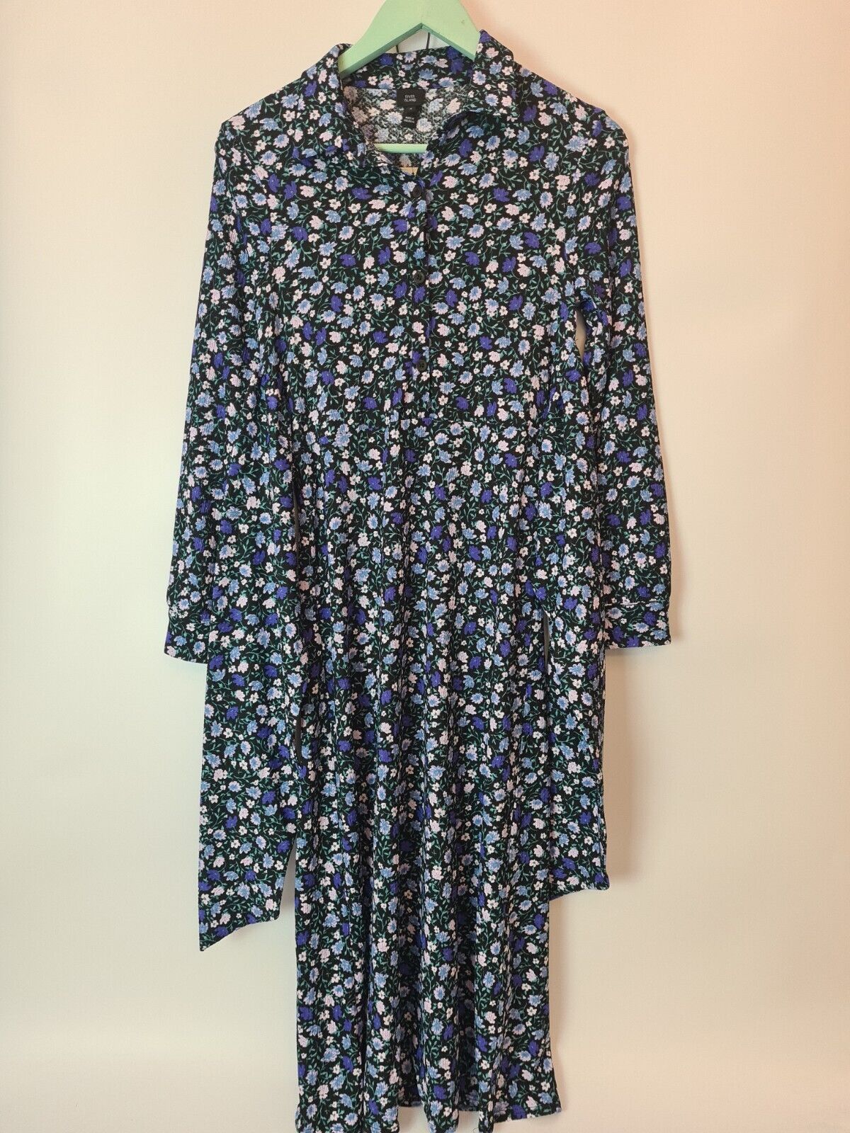 River Island Floral Long-Sleeve Black/Blue Dress Size 14 **** V32