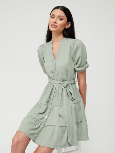 Tiered Button Up Mini Dress - Sage Green. UK 16 ** V270