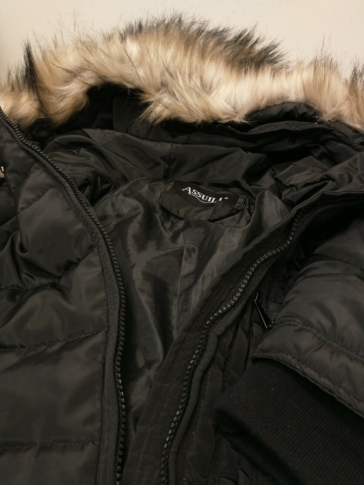 Assuili  Parka Style Coat. Ladies Size 38/M. Faux Fur Trim Removable. Used CT2