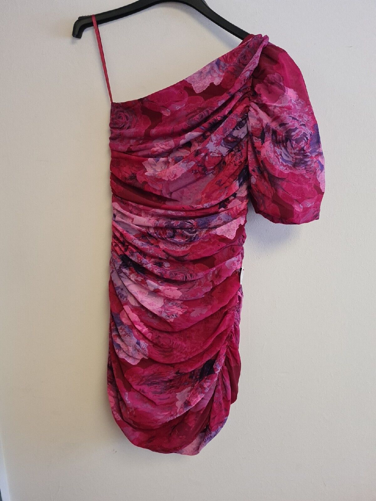 Chi Chi Watercolour One Shoulder Puff Sleeve Mini Dress Burgundy Size 12 V502