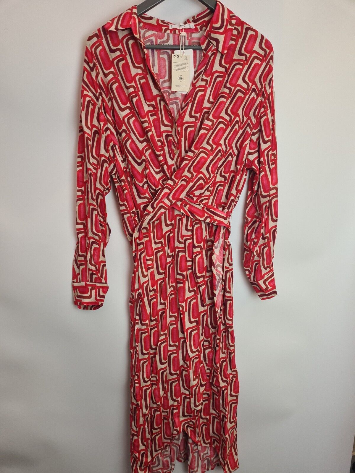 Mango Chain Print Cross Waist Shirt Dress Red/Multi Size UK 12 **** V390