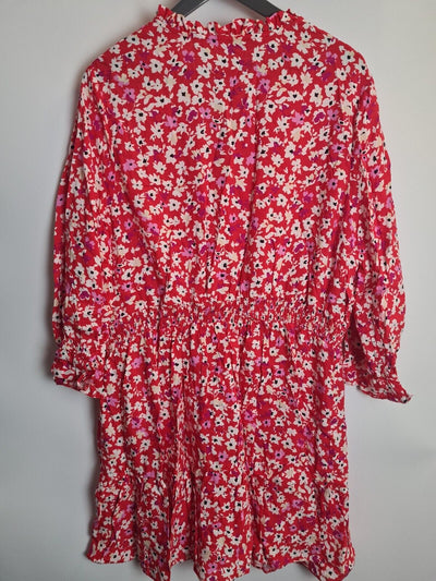 Womens Red Floral Tie Neck Dress Size 10 **** V389