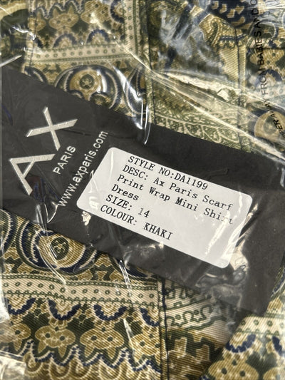 AX Paris Printed Wrap Satin Dress Size 12 Khaki****Ref V206