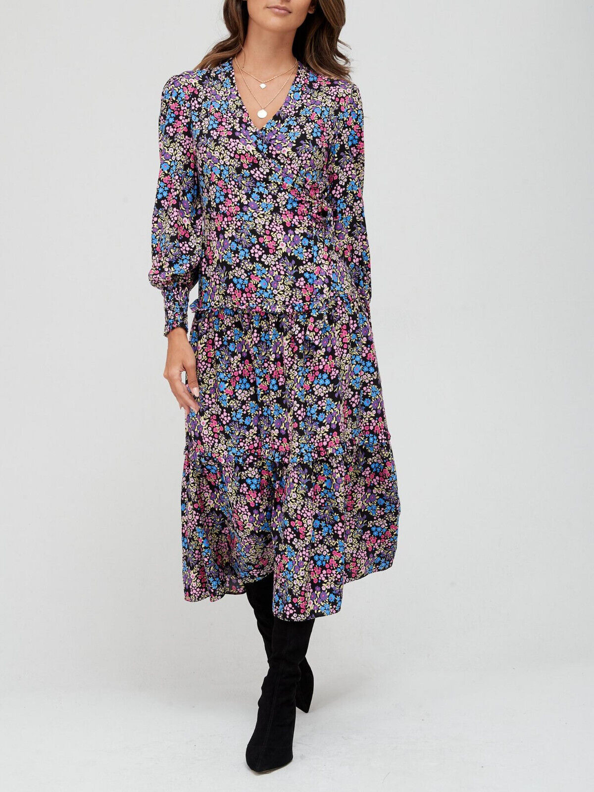 Multicoloured Floral Wrap Tiered Midi Dress Size 10 ** V522