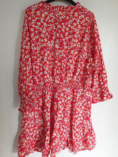 Red Floral Print Dress Long Sleeve Uk12****Ref V380