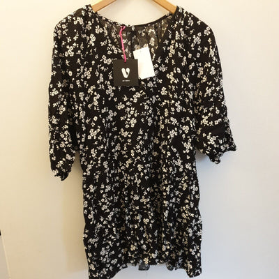 Womens Black/White Floral Print Dress Uk12****Ref V344