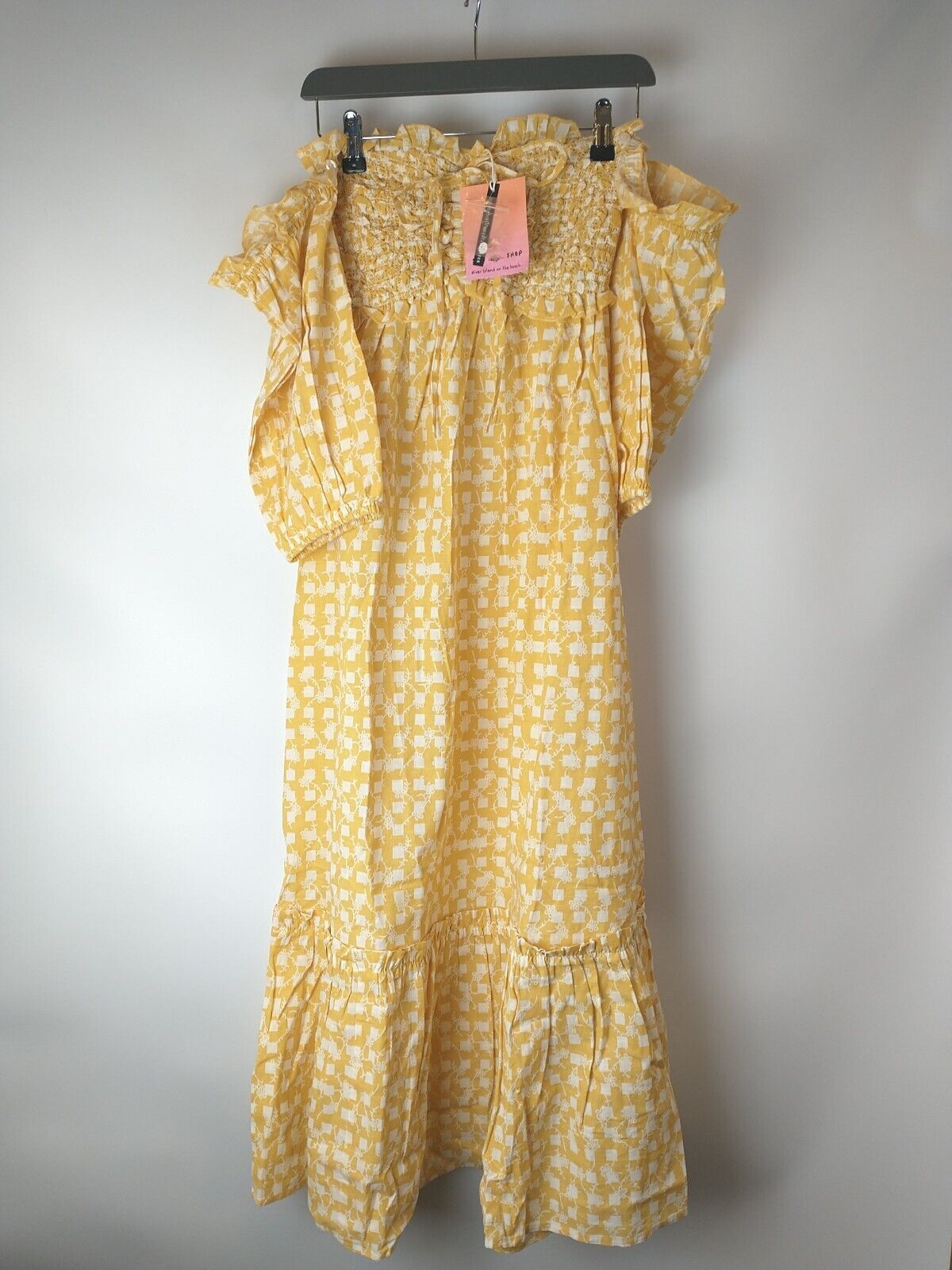 River Island Yellow Gingham Bardot Maxi Dress. UK Medium **** Ref V30E