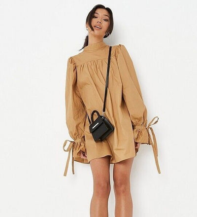 Missguided Poplin Balloon Sleeve Ruched Smock Dress. Brown. UK 10. ****V140