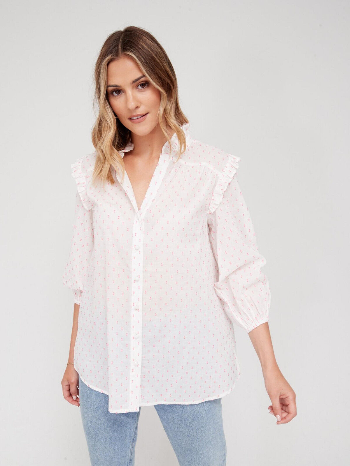 White Contrast Dobby Frill Detail Shirt Size 8 ** V512