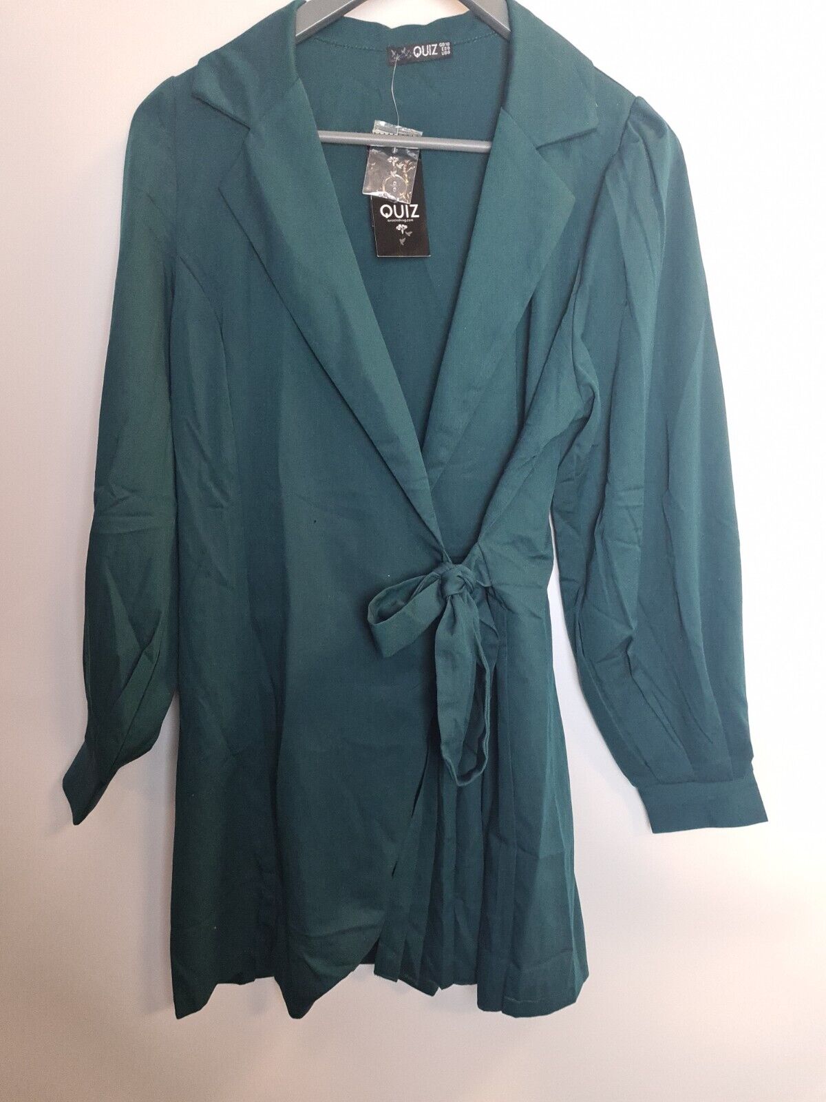 Quiz Woven Half Pleat Tie Front Puff Sleeve Green Blazer Dress Size 16 **** V281