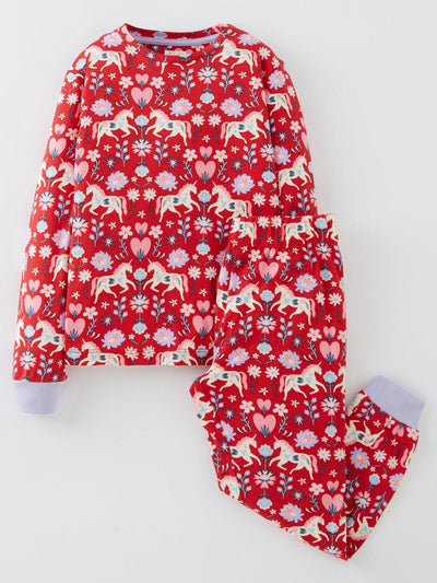 Chelsea Peers Girls Floral Unicorn Long Red Pyjama Set Size 1-2 Years **** V510