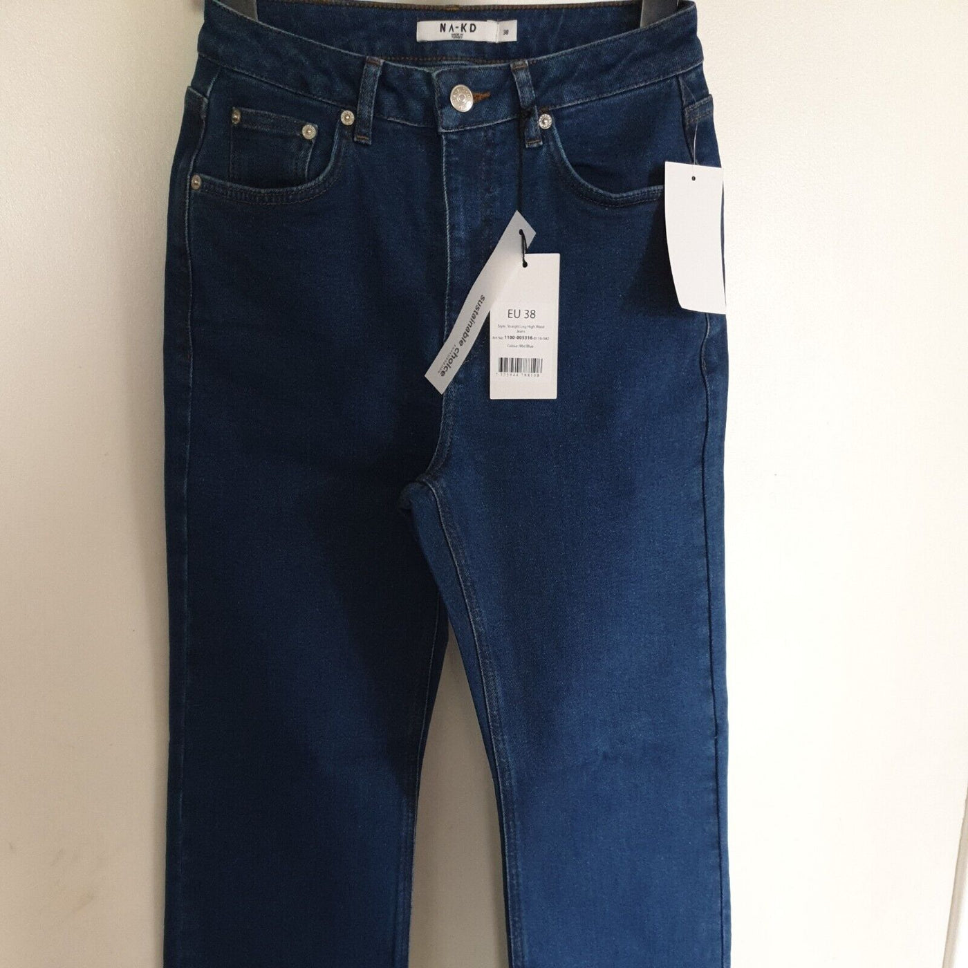 na-kd Straight Leg High Waisted Jeans Mid Blue Size 10 ****Ref V355