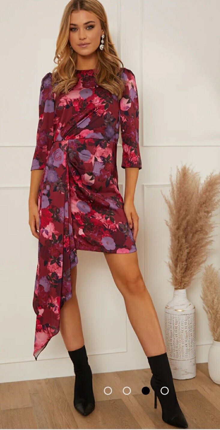 Chi Chi London Drape Detail Floral Midi Dress-Berry. Uk12