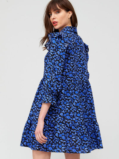 Button Through Shirt Dress Blue Floral UK 8 ****Ref V430