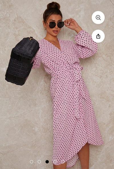 Chi Chi London Long Sleeve Polka-dot Midi Wrap Dress Uk14****Ref V549