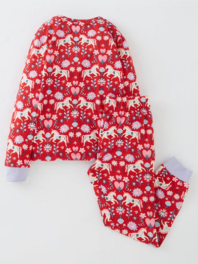 Chelsea Peers Girls Floral Unicorn Long Red Pyjama Set Size 1-2 Years **** V510