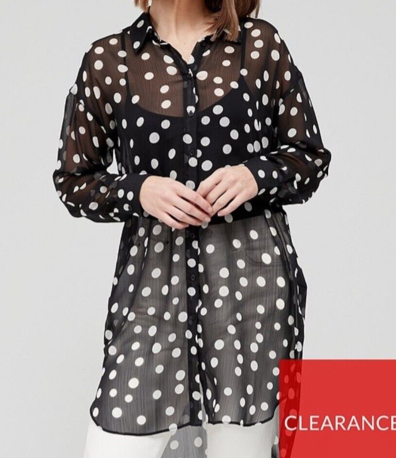 Womens Longline Black Spotty Printed Shirt Size 10 **** V349