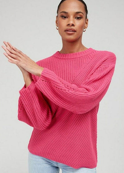 Knitted Button Back Ribbed Jumper Bright Pink Uk12****Ref V488