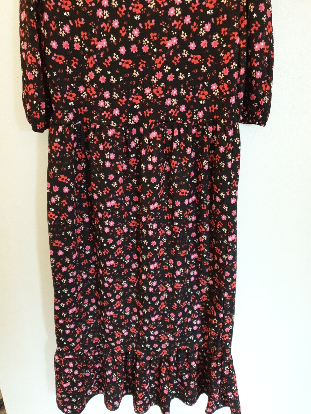 Black Floral Print Dress Midi Uk12****Ref V411