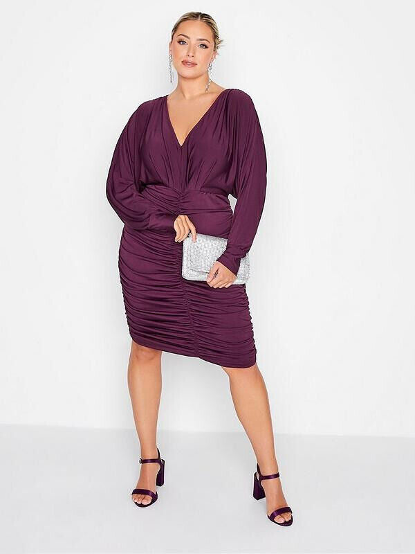 Yours Cape Sleeve Ruched Purple BodyCon Dress Size 14 *** V372