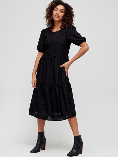 Flocked Tiered Midi Dress - Black. UK 8 **** Ref V521