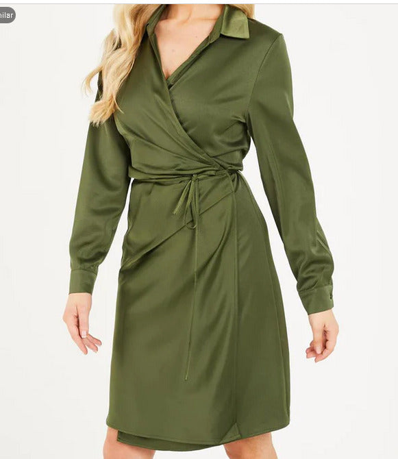 Quiz Khaki Satin Wrap Ruched Front Tie Detail Dress Size 12 ** SW22