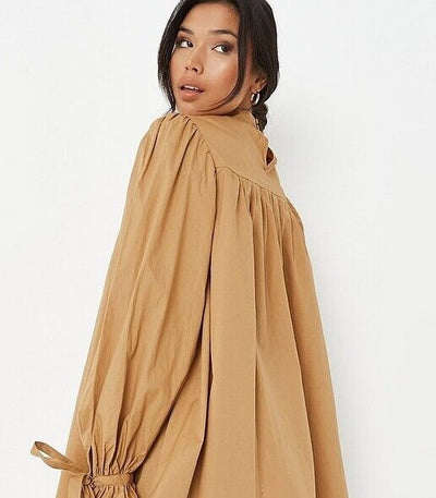 Missguided Poplin Balloon Sleeve Ruched Smock Dress. Brown. UK 14. ****V140