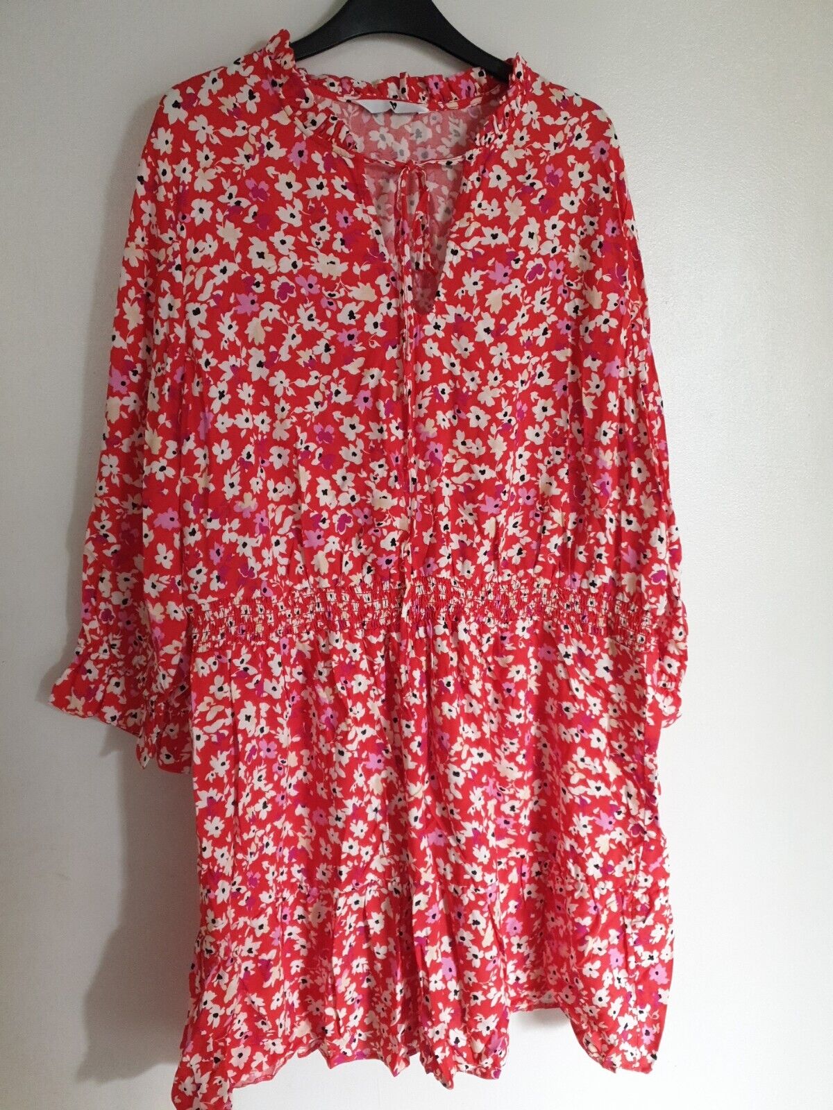 Red Floral Print Dress Long Sleeve Uk12****Ref V380