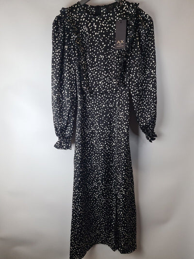 Ax Paris Black Dotted Frill Detail Midi Dress Size UK 14 **** V52