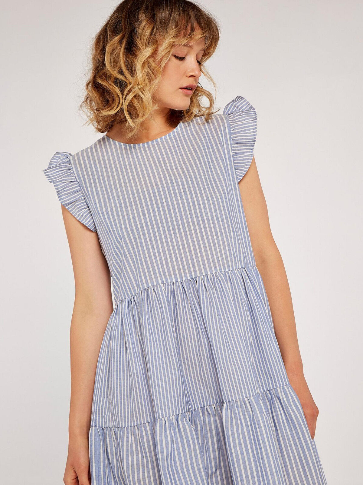 Apricot Mix Blue Stripe Lines Tiered Dress  UK 10 ****Ref V374