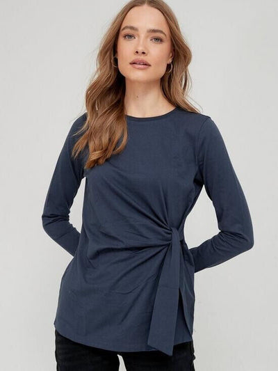 Womens Tie Front Long sleeve T-shirt - Washed Navy UK 18. V59