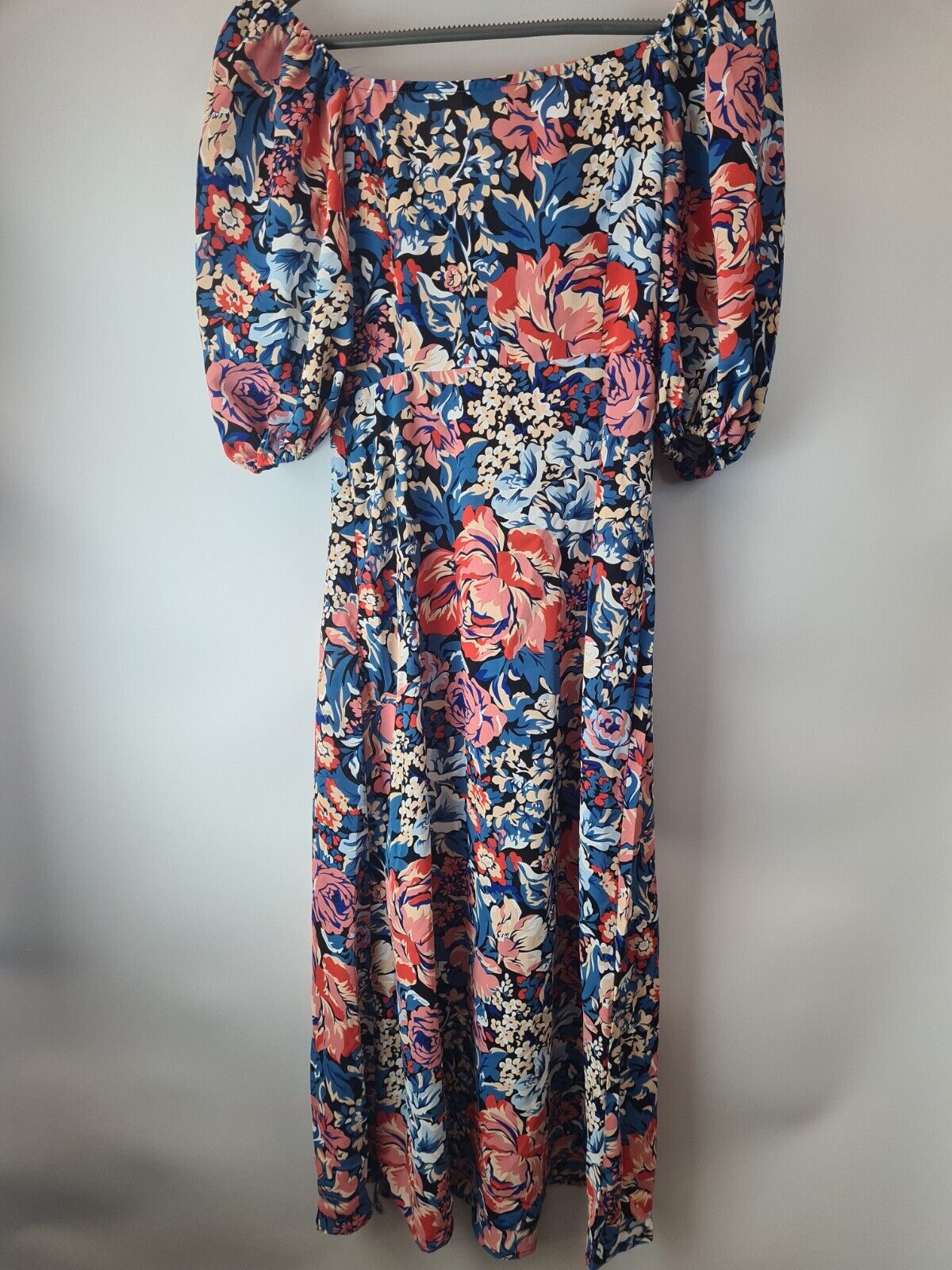 Quiz Floral Print Midi Dress With Slit Blue/Coral Size UK 8 **** V31