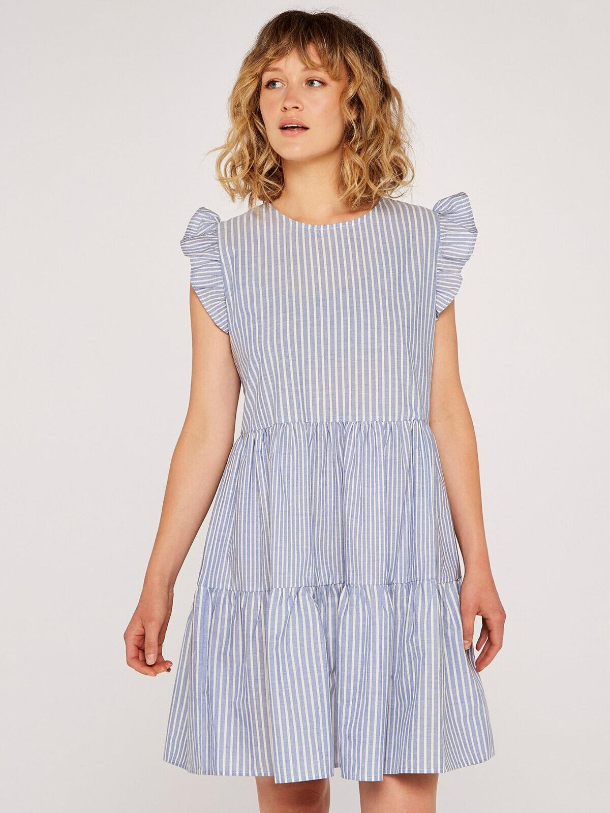 Apricot Mix Blue Stripe Lines Tiered Dress  UK 10.