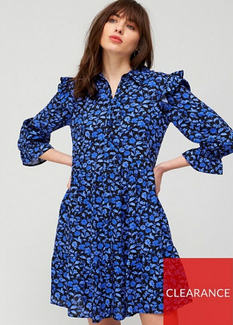 Button Through Shirt Dress Blue Floral UK 16 ****Ref V375