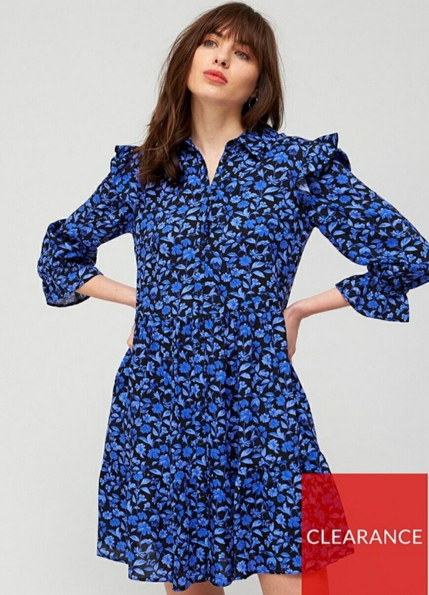 Button Through Shirt Dress Blue Floral UK 16 ****Ref V477