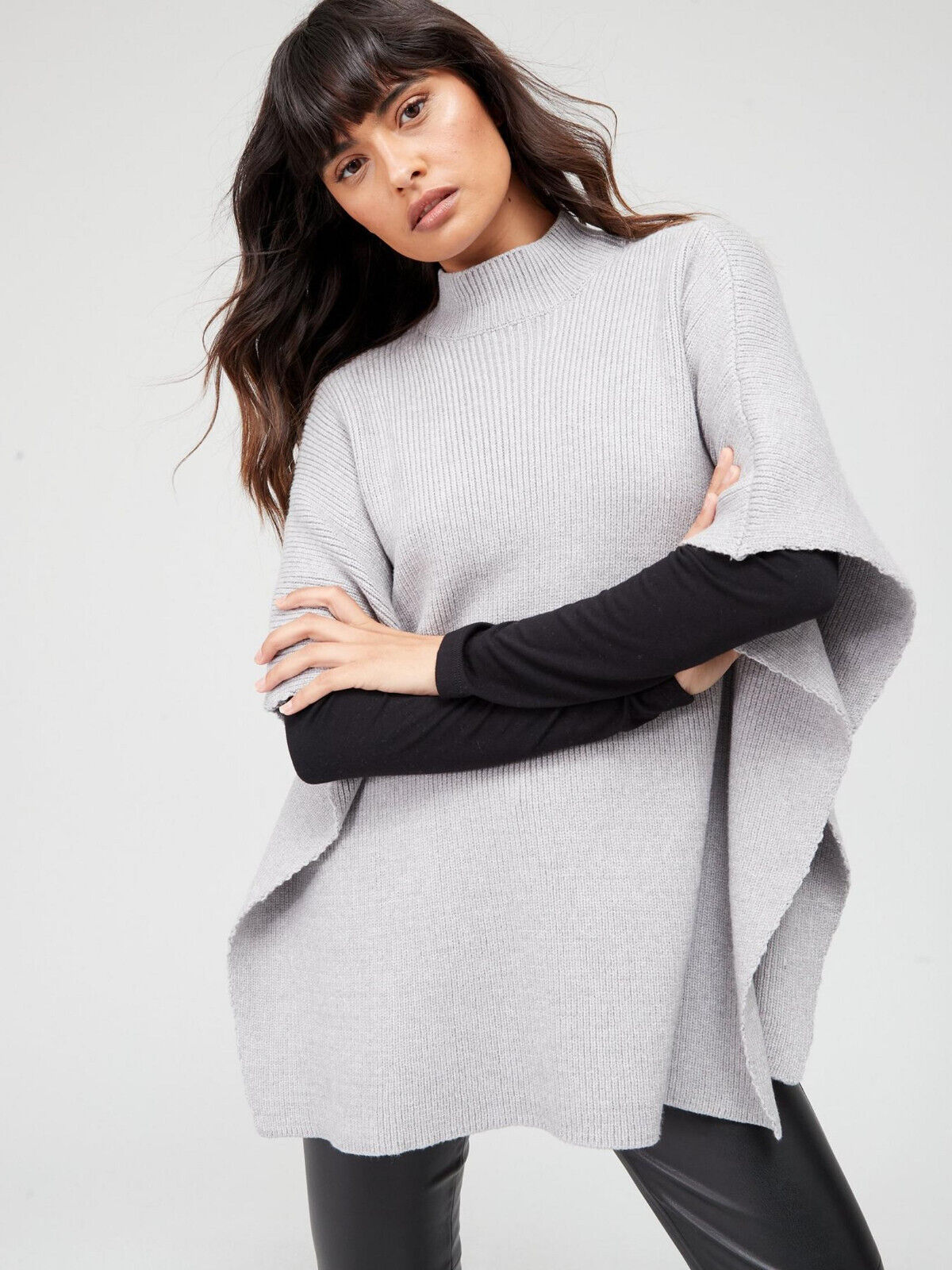 Grey Marl Ribbed Poncho. One Size *with defect* ** SW22