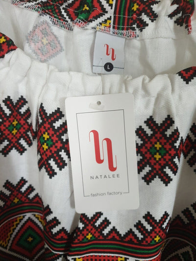 Natalee White & Red Pure Cotton Pattern Dress Size L Ref G2