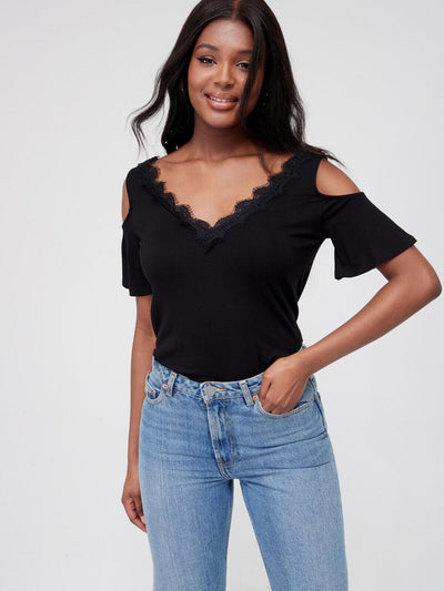 Lace Trim Angel Sleeve Cold Shoulder Top - Black. UK 12. SW21